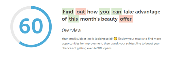 The result of testing a subject line on the CoSchedule tester. CoSchedule gave it 60 out of 100.