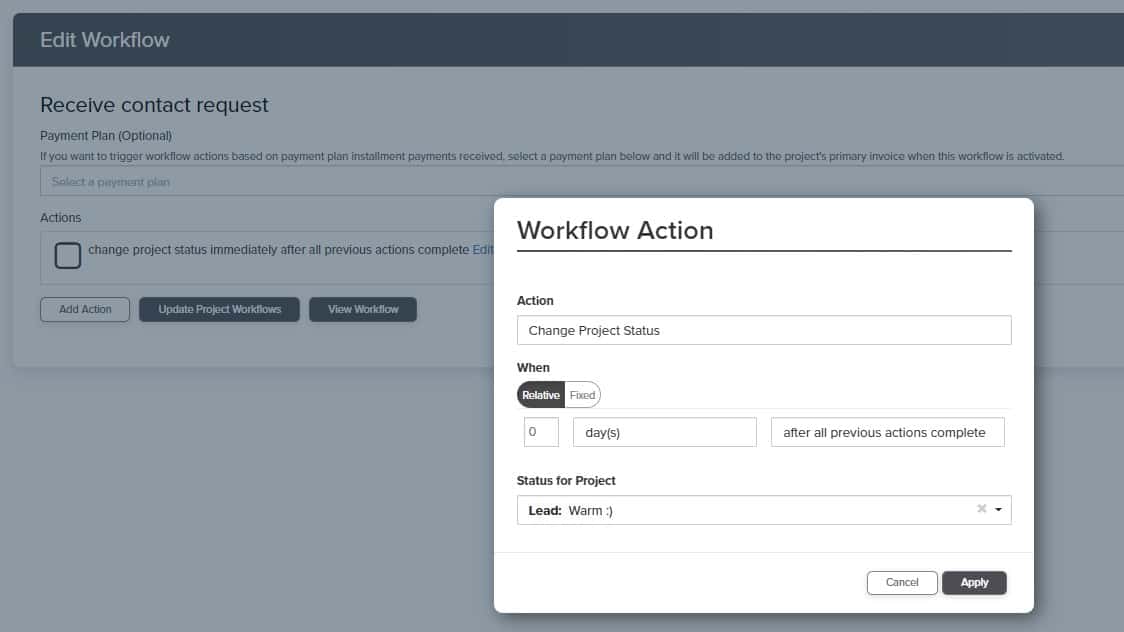 The workflow action is simply 'Change Project Status, with Status for Project set to lead type